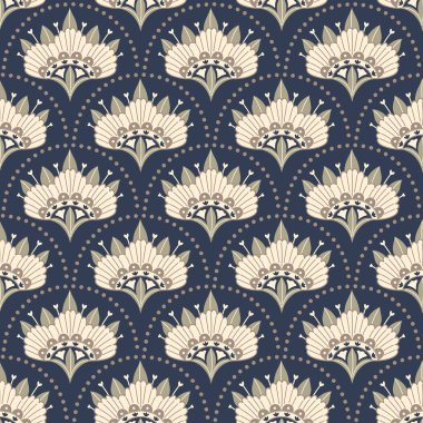 Art deco ve folk tarzında kusursuz tekrarlanan çiçek deseni. Zarif hayran şekilli çiçekler, noktalı süs ve koyu arkaplan. Kumaş, duvar kağıdı, ambalaj kağıdı, kırtasiye malzemesi ve ev dekorasyonu için uygun..