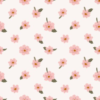 Kusursuz çiçek deseni, narin pembe çiçekler ve fildişi arka planda yumuşak yapraklar. Bebek ürünleri, bebek dekorasyonu, kumaş, kırtasiye malzemesi ve kadın markası için hafif botanik tekrarı. Yumuşak Bahçe Çiçekleri koleksiyonunun bir parçası.