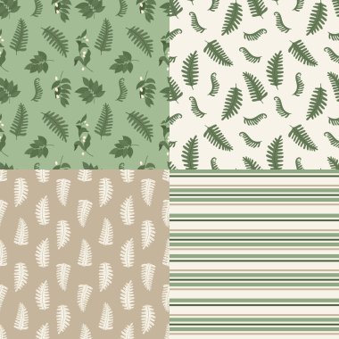 Eğreltiotu yaprakları ve vadi çiçekleri zambaklı kusursuz botanik desenler. Doğal adaçayı yeşili, bej ve krem rengi düz vektör tasarımı. Çiçek, yeşillik, tek renkli ve çizgili desenleri içerir. Kumaş, duvar kağıdı ve tekstil için mükemmel.