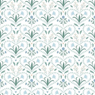 Dekoratif İskandinav tarzı kusursuz desenli, stilize çiçekler, yapraklar ve kalpler. Yumuşak yeşil ve mavi palet. Duvar kağıdı, kumaş, ambalaj kağıdı, tekstil ve ev dekorasyonu için uygun çiçek süslemeleri..