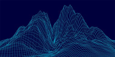 Mavi arka planda soyut kablo çerçevesi tasarımı. Teknoloji vektör ızgarası. Eğri bağlantı yapısı. Dijital gelecekçi dalga.