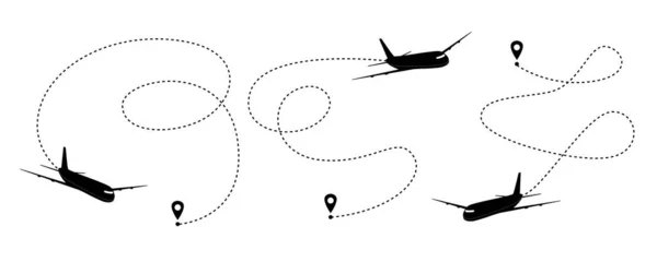 Set Linea Tratteggiata Aereo Sfondo Bianco Itinerario Aereo Linea Del — Vettoriale Stock