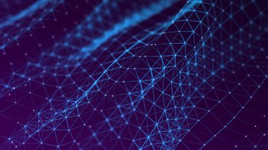 Parçacıkların dijital mavi arkaplanı. Soyut fütürist illüstrasyon. Büyük veri görselleştirmesi. Teknoloji dinamik noktaları arka planda. 3B görüntüleme.