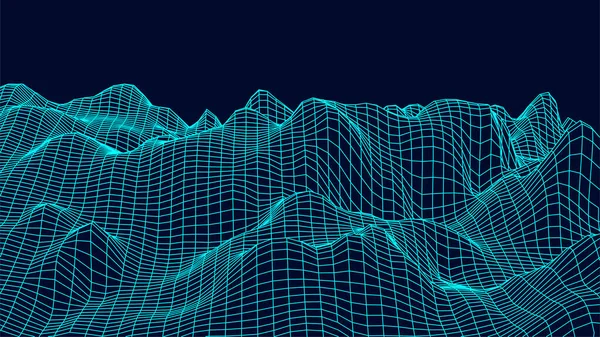 蓝色背景下的线框景观设计 技术向量网格 曲线连接结构 数字未来波 — 图库矢量图片