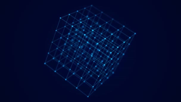 抽象的なワイヤーフレームキューブ デジタルブロックチェーンの概念 点と線で未来的な青の背景 3Dレンダリング — ストック動画