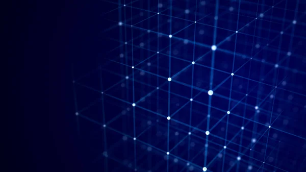 Abstract Wireframe Cube Digital Blockchain Concept Futuristic Blue Background Dots — Stock Photo, Image