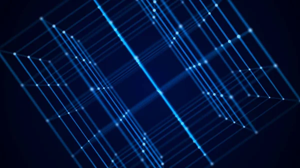 抽象的なワイヤーフレームキューブ デジタルブロックチェーンの概念 点と線で未来的な青の背景 3Dレンダリング — ストック写真