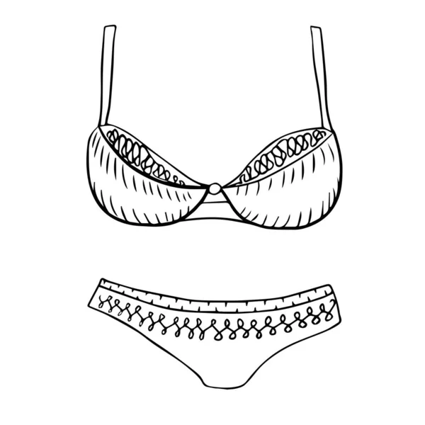女性泳衣 胸罩和内裤的轮廓在白色的背景上是孤立的 设计中的涂鸦元素 — 图库矢量图片