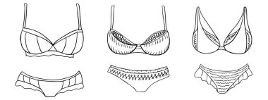 Kadın mayosu seti. Sütyen ve külot. Tasarım için vektör elementleri. Çizim illüstrasyonu.