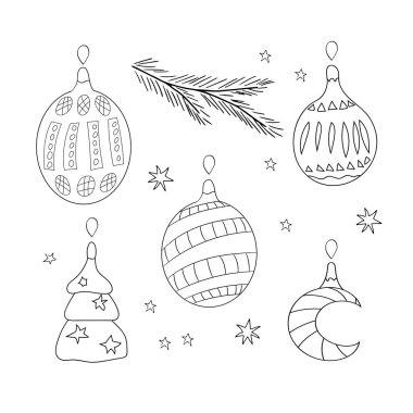 Cam süslemeli oyuncaklar, toplar, yeniden kokulu ay, ağaç, kozalaklı dallar, yıldızlar. Noel tasarımı için bir takım elementler. Vektör.