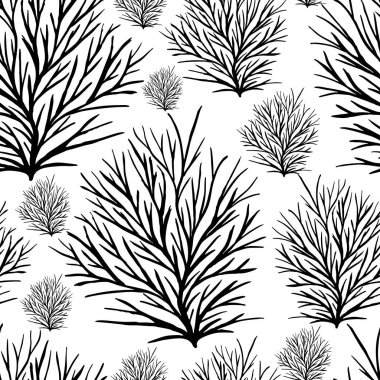 Beyaz arka planda elle çizilmiş siyah çalılar. Vektör kusursuz desen. Tek renkli illüstrasyon.