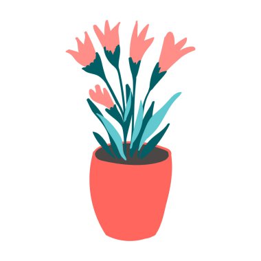 Parlak tencerede kırmızı çiçekler. Tasarım için vektör el çizimi ögesi. İç mekan için bitki..