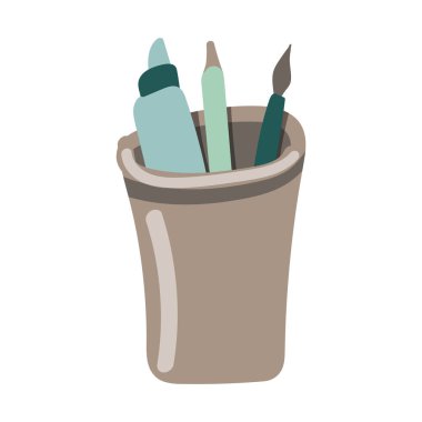 Kalemli, kalemli, fırçalı plastik bardak. Tasarım için vektör ögesi.