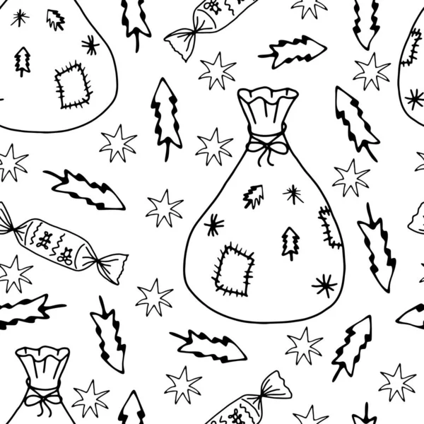 Bag Gifts Candy Christmas Trees Stars White Background Doodles Vector —  Vetores de Stock