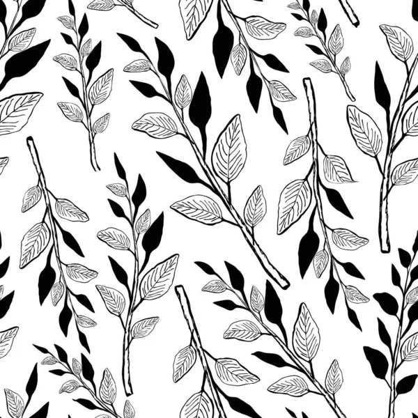 Branches Dessinées Main Avec Des Feuilles Des Bourgeons Noirs Sur — Image vectorielle
