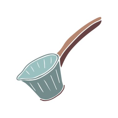 Ağzı ve tahta sapı olan bir kova. Tasarım için izole edilmiş bir öge olan vektör çizimi.