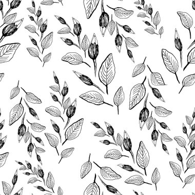 Soyut monokrom dikişsiz desen. Beyaz arka planda el yapımı yapraklar ve tomurcuklar. Vektör.
