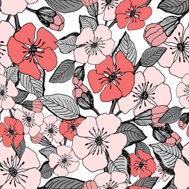 Kırmızı, pembe çiçekler, beyaz arka planda gri yapraklar. Vektör kusursuz desen. Kumaş, baskı, kart, ambalaj için tasarım.