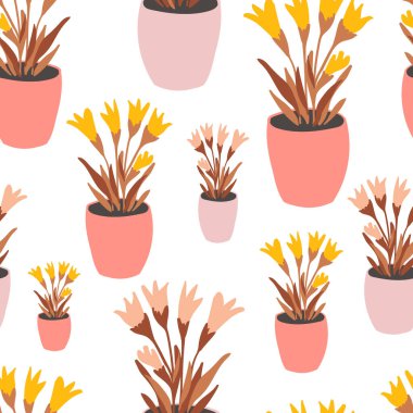 Kendi yetiştirdiği çiçekleri olan parlak bitkiler. Vektör kusursuz desen. Paketleme, kağıt, kumaş için tasarım.