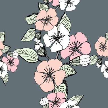 Gri arka planda beyaz, pembe, bej çiçekler. Vektör kusursuz desen. Kumaş, baskı, kartlar, ambalaj için tasarım.