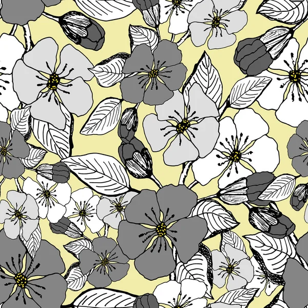 Flores Grises Hojas Blancas Sobre Fondo Amarillo Patrón Sin Costura — Archivo Imágenes Vectoriales