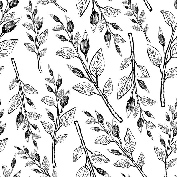 Ручные ветви с листьями и цветочными бутонами. Монохромная иллюстрация. Векторный бесшовный шаблон. Дизайн для карты, печати, обертки.