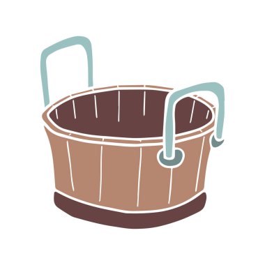 Tahta kulplu bir küvet çizimi. Sauna ekipmanları. Tasarım için vektör ögesi.