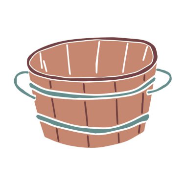 Metal halkaları ve sapları olan ahşap bir küvet çizimi. Sauna ekipmanları. Tasarım için vektör ögesi.