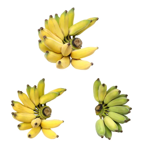 Drie cluster van geteelde bananen of Thaise bananen geïsoleerd op witte achtergrond — Stockfoto