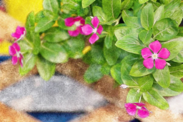 Pink flower pot hanging by the lath, watercolor on canvas texture. — Stock Photo, Image