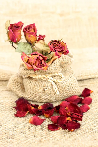 Bukiet suszonych róż zwiędły i płatki na vintage backgrou — Zdjęcie stockowe