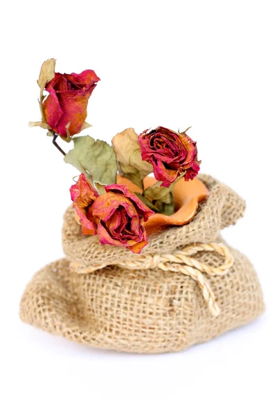 Strauß getrockneter verwelkter Rosen in Säckebeutel auf weißem Backgr — Stockfoto