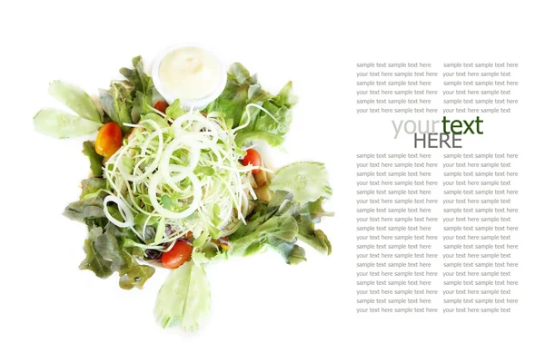 Zdrowa żywność, sałatka przepis na białe tło z przykładowy tekst. — Zdjęcie stockowe