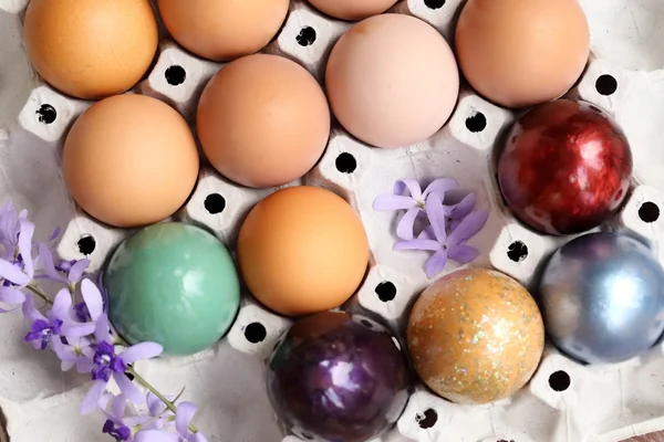 Colorful easter eggs on paper tray. — Stock Photo, Image