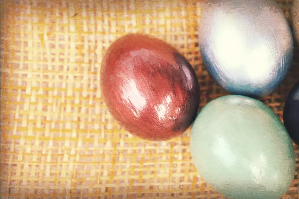 Vintage paper texture, Colorful easter eggs on bamboo weave shee — Stock Photo, Image