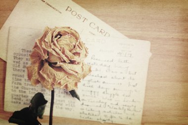 Kuru gül ve eski kartpostal ile el yazısı. Yumuşak ışık vintage s
