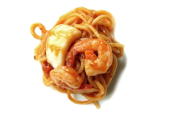 Spaghetti seafood with tomato sauce on white background. — Stock Photo, Image