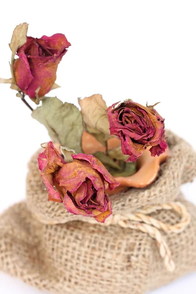 Strauß getrockneter verwelkter Rosen in Säckebeutel auf weißem Backgr — Stockfoto
