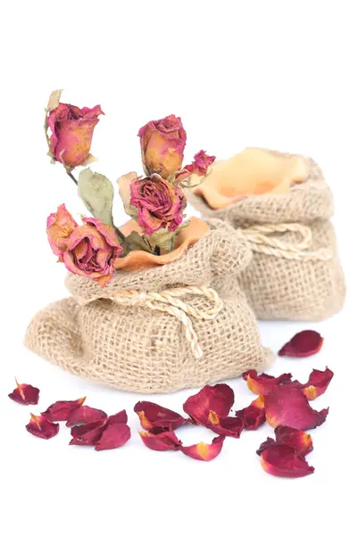 Bouquet of dried withered roses in sackcloth bag on white backgr — Stock Photo, Image