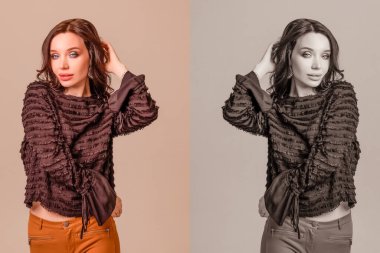 Siyah gri arka planda güzel, seksi genç bir kadın. Aynalama. ikizler.