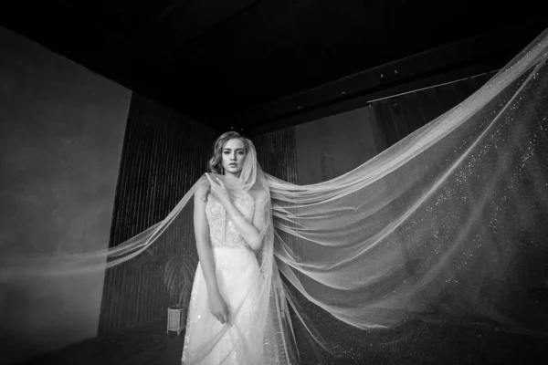 a lot of veil . bride in fancy dress. wedding dress with long arms. dark interior