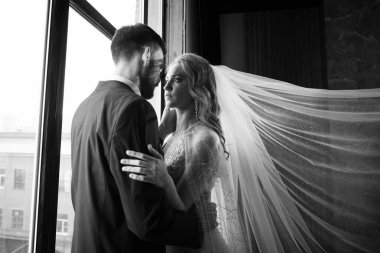 Güzel bir düğün çifti. Gelin, uzun beyaz peçeli ve gelinlikli. Şık takım elbiseli bir damat. karanlık iç mekan