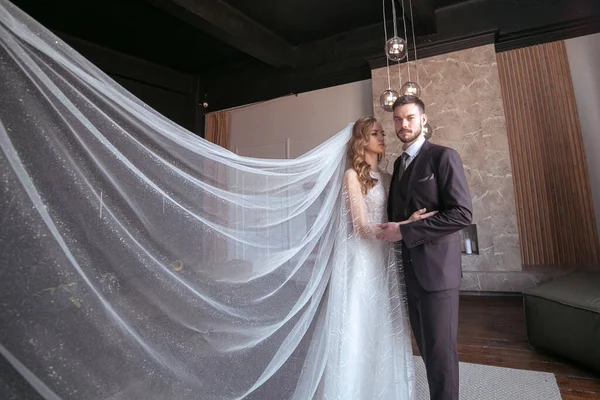 Casal Lindo Noiva Com Véu Longo Vestido Noiva Noivo Terno — Fotografia de Stock