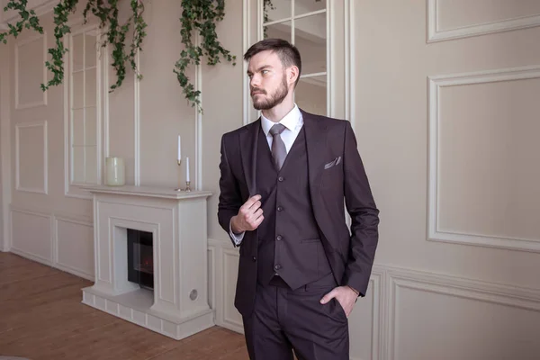 Beautiful Young Man Beard Brunette Model Guy Classic Suit Light — Stock Photo, Image