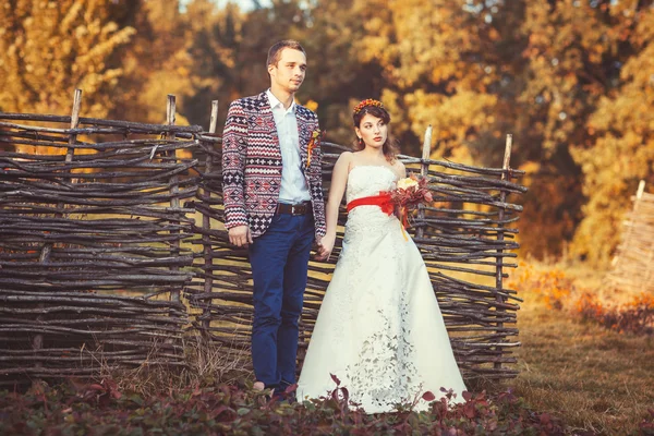 Bride and groom standing near the wicker fence holding hands — Stock Photo, Image