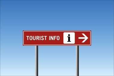 turist bilgi yön yol işareti kahverengi arka planı mavi gökyüzünde vektör simgesi ile