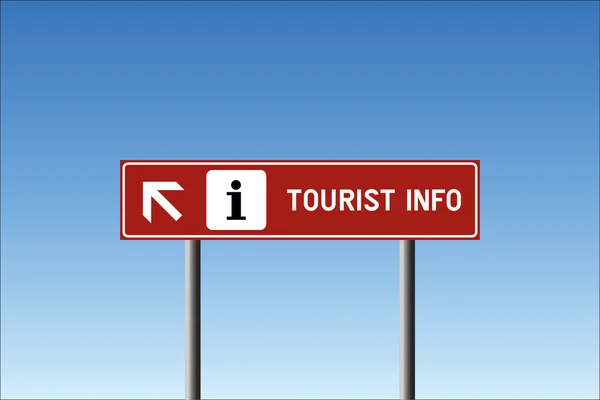 Turismo info dirección señal de tráfico con icono sobre fondo marrón contra el cielo azul en vector — Vector de stock