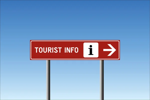 Tourist info direction road sign with icon on brown background against blue sky in vector — Stock Vector