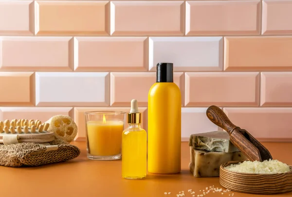 Conjunto Productos Cosméticos Para Cuidado Piel Baño Concepto Belleza Spa — Foto de Stock