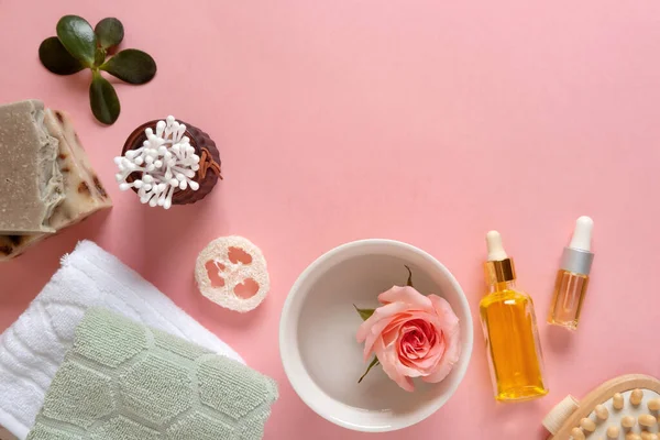 Produits Cosmétiques Naturels Pour Peau Sur Fond Rose Pastel Savon — Photo